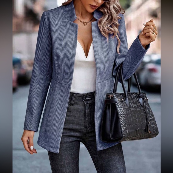 Classic Herringbone Blazer Jacket Coat - Picture 2 of 10